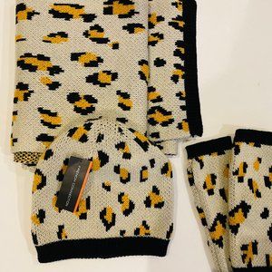 French Connection - Women's Leopard acrylic Winter Scarf & Hat glove - One Size